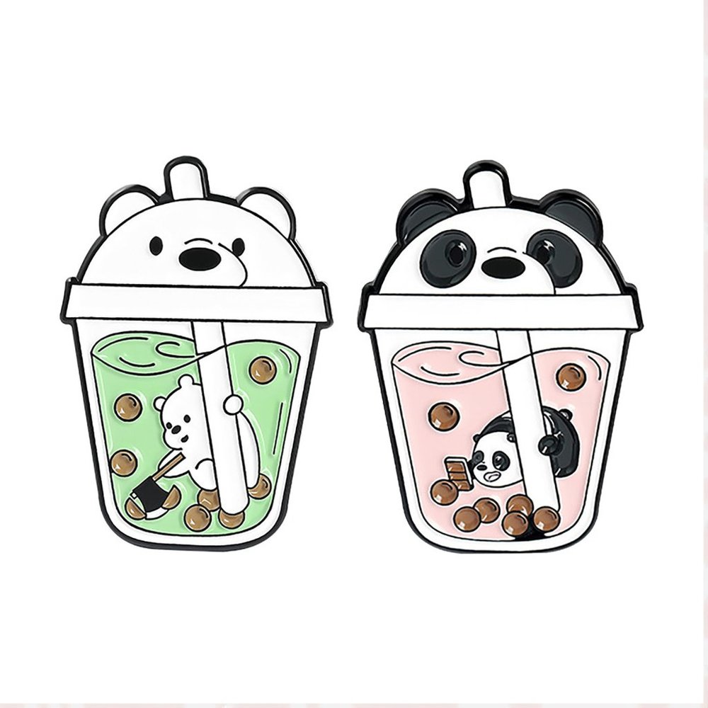 Metal & Enamel We Bare Bears (Ice Bear & Panda) Boba Tea Lapel Pins Set (New)